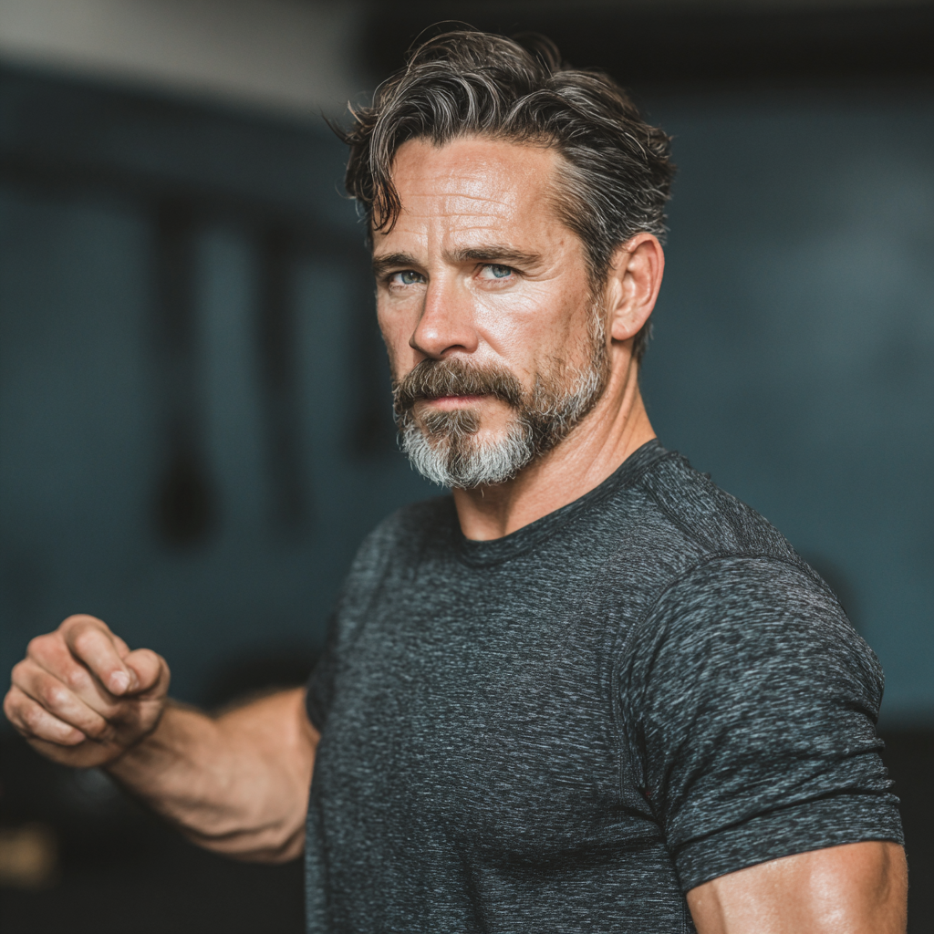 Confident man in his fifties demonstrating strength and vitality through functional movement exercises in a professional training environment